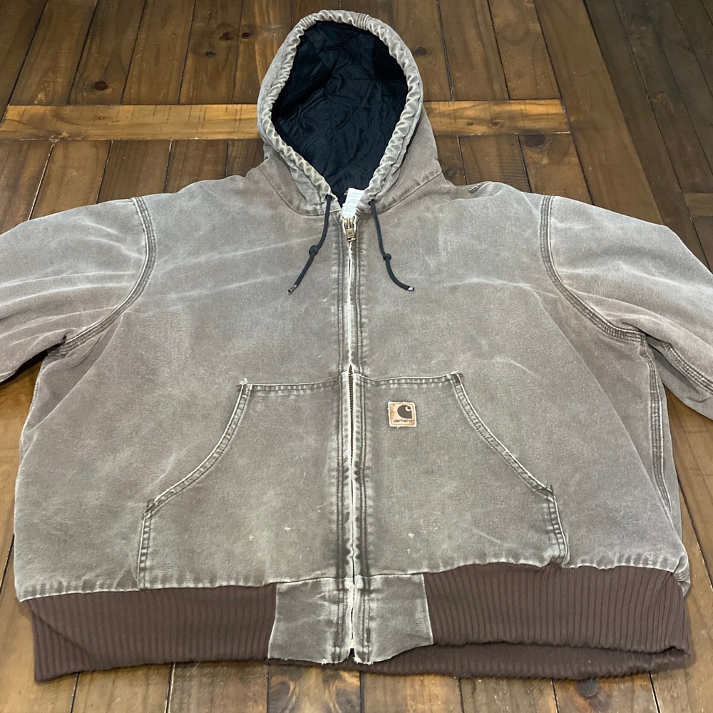 VTG Carhartt J130 CHT Sandstone Active Jacket Mens 2XL Brown Distressed Hooded